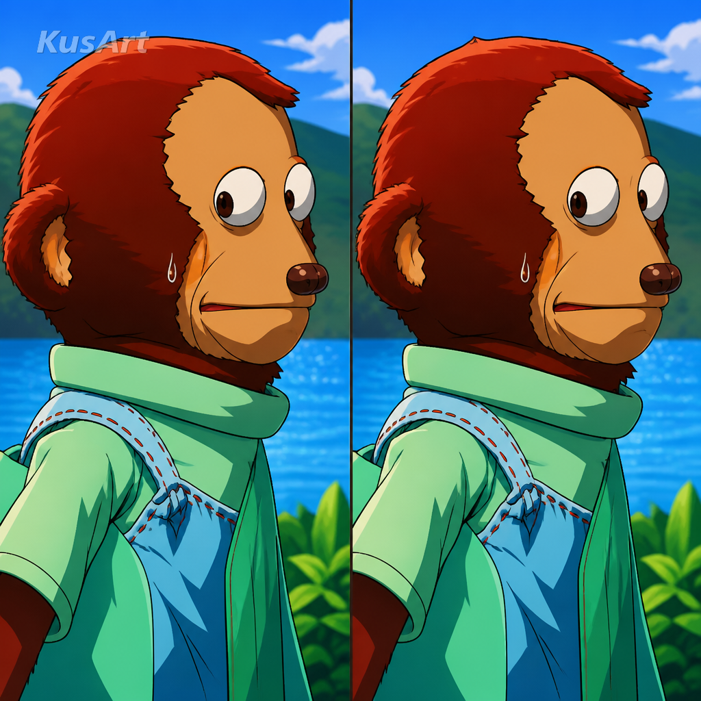 Monkey meme restyled as a vibrant anime cel-shaded illustration