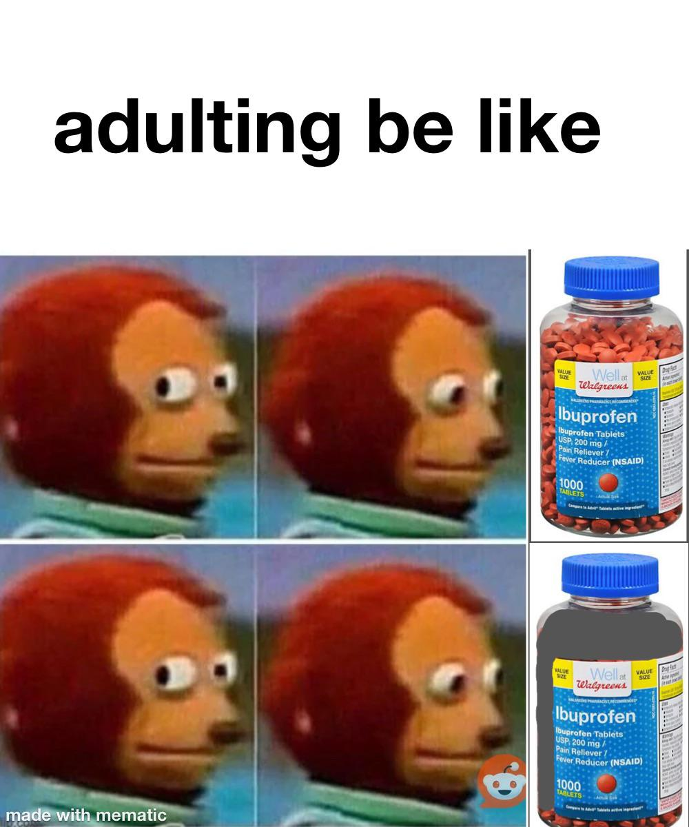 Monkey meme captioned 'adulting be like' next to a giant bottle of ibuprofen