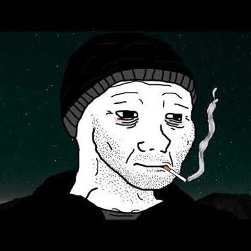 Doomer-Wojak mit innerlich totem Blick ins Leere