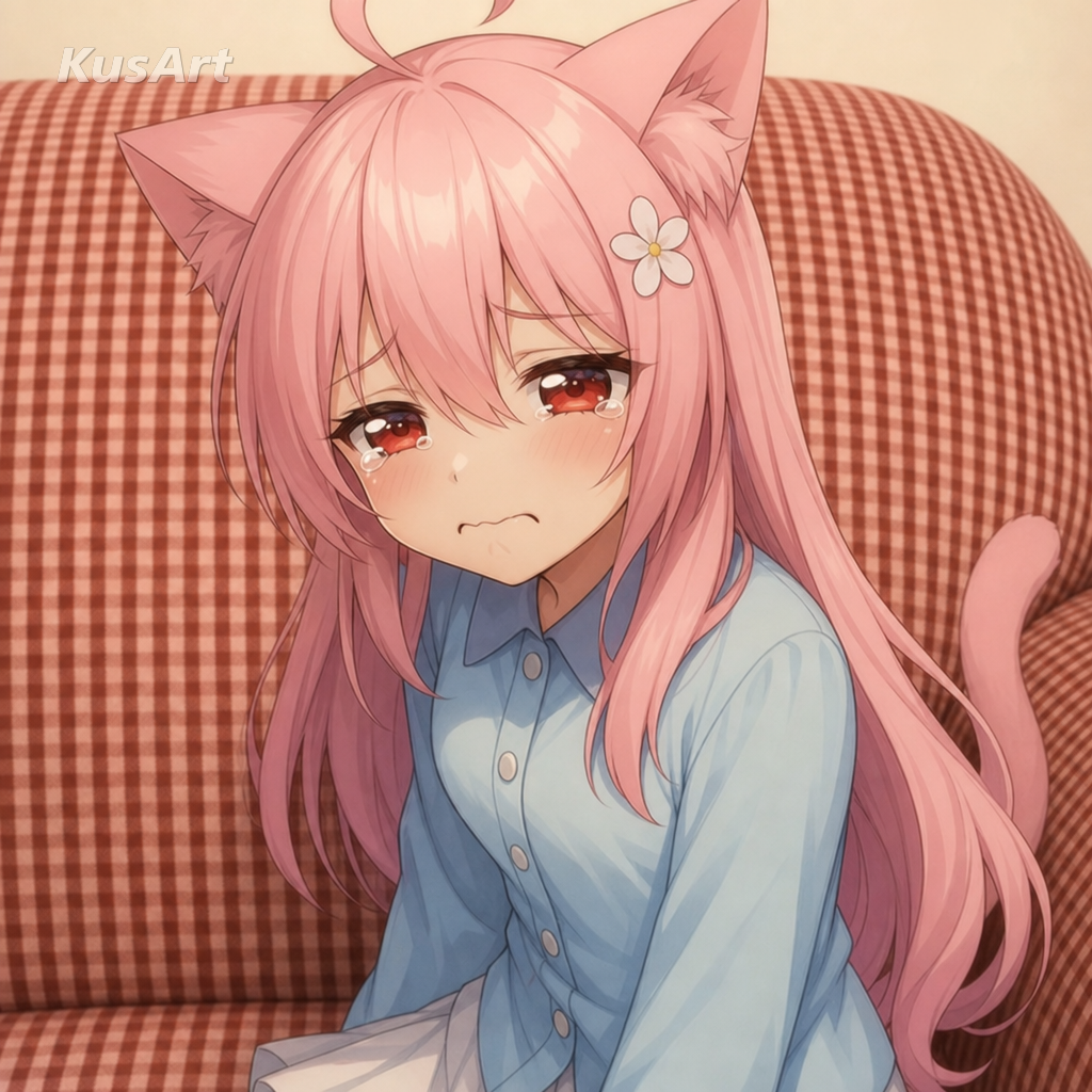 打ちひしがれた様子の涙目のアニメ猫娘で作り直した悲しい犬ミーム