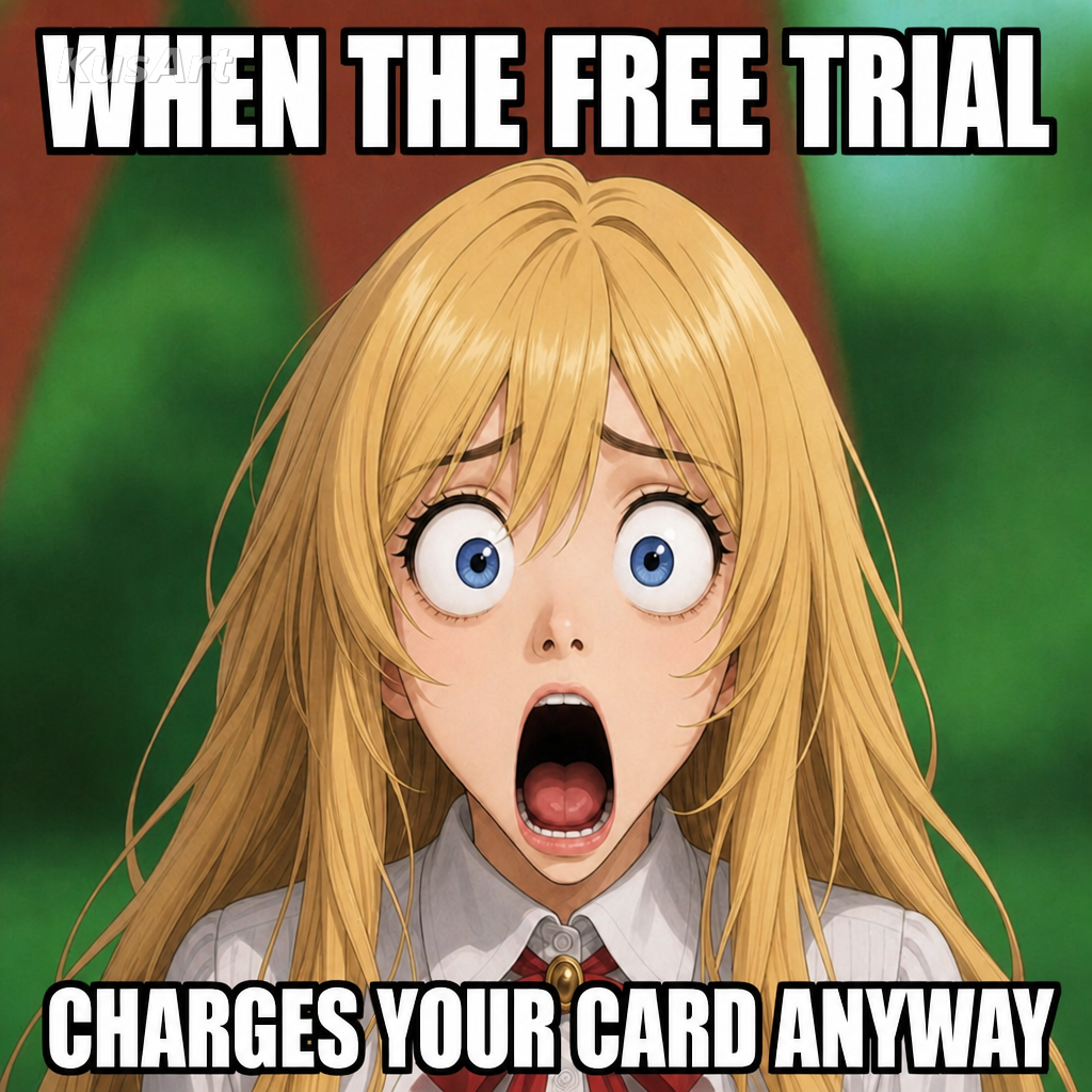 Shocked face meme captioned about a free trial charging your card anyway