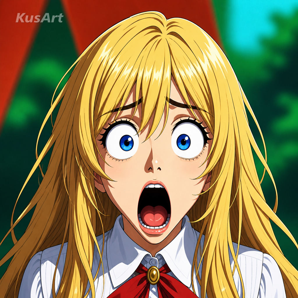 Shocked face meme restyled as a vibrant anime cel-shaded illustration
