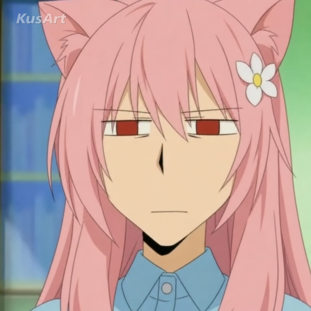 Mème du visage impassible recréé avec une fille-chat d'anime affichant un regard plat et de marbre