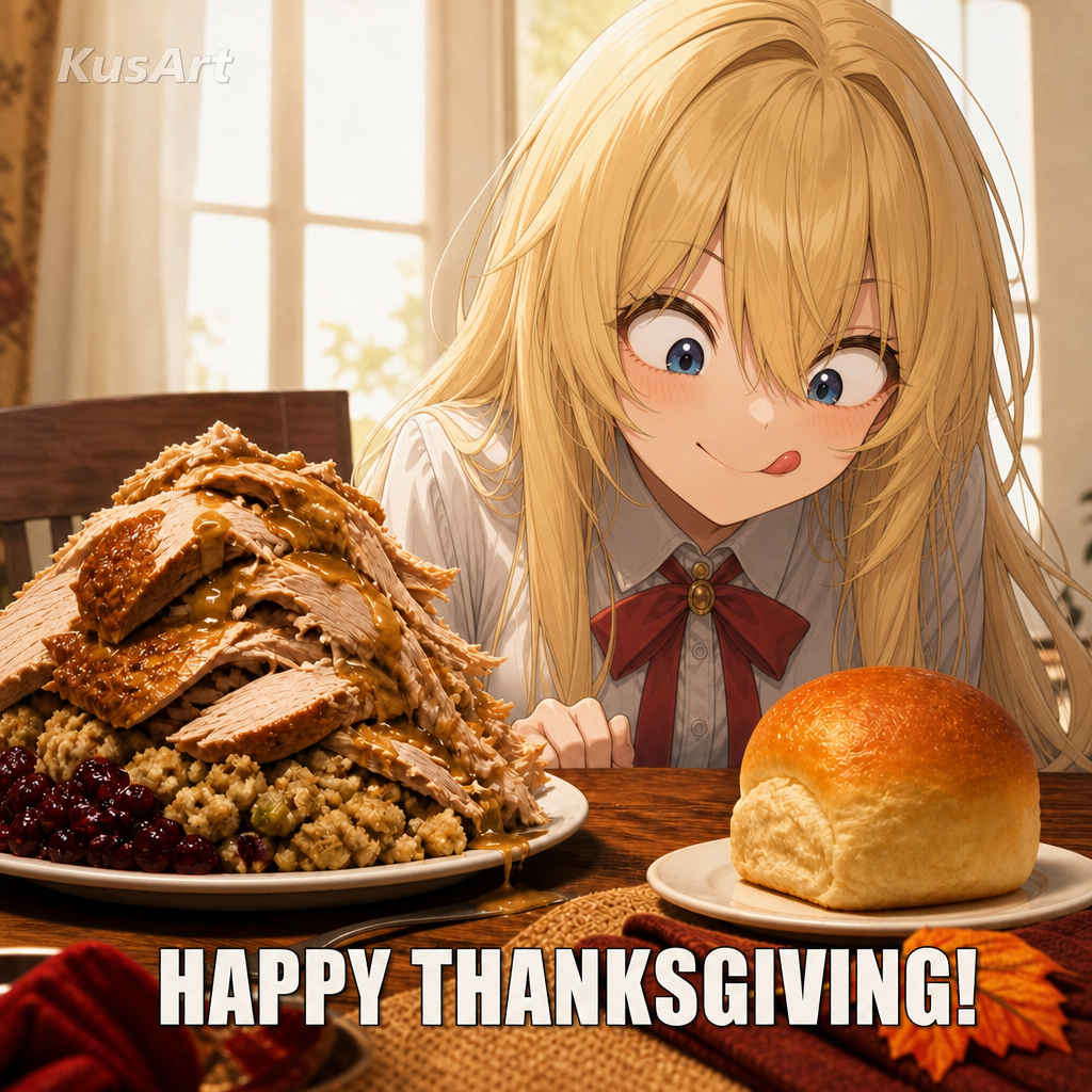 Thanksgiving-Meme neu erstellt mit einem Anime-Mädchen an der Festtafel mit einem gestapelten Teller