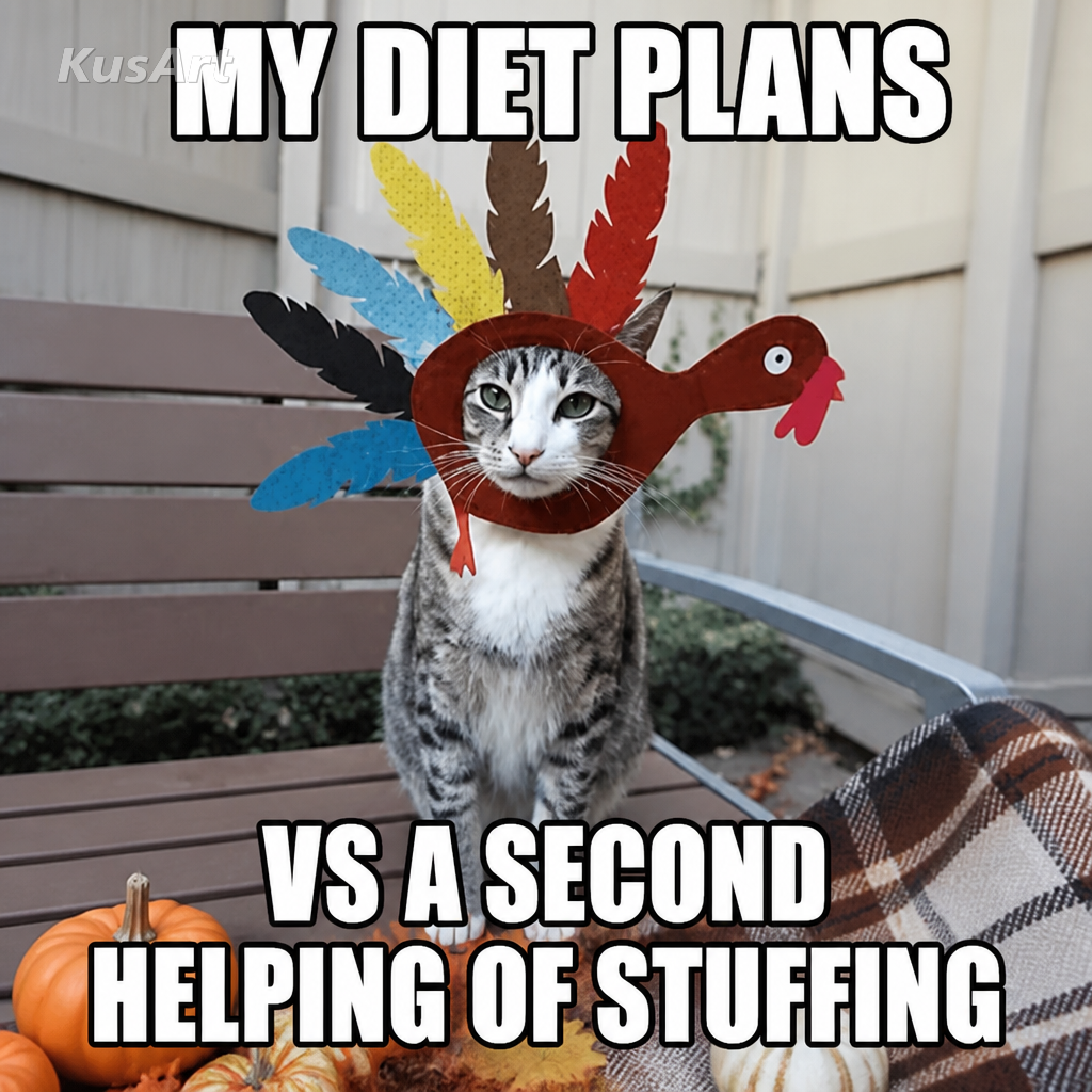 Thanksgiving-Meme mit Bildunterschrift über Diätpläne gegen eine zweite Portion Füllung