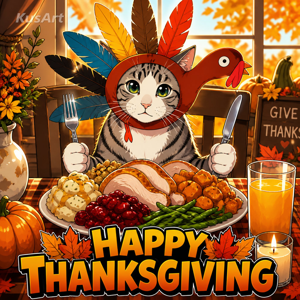 Thanksgiving-Meme neu gezeichnet als Anime-Illustration mit lebendigem Cel-Shading