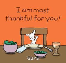Thanksgiving-Meme eines Cartoon-Truthahns am Tisch, der sagt « I am most thankful for you »