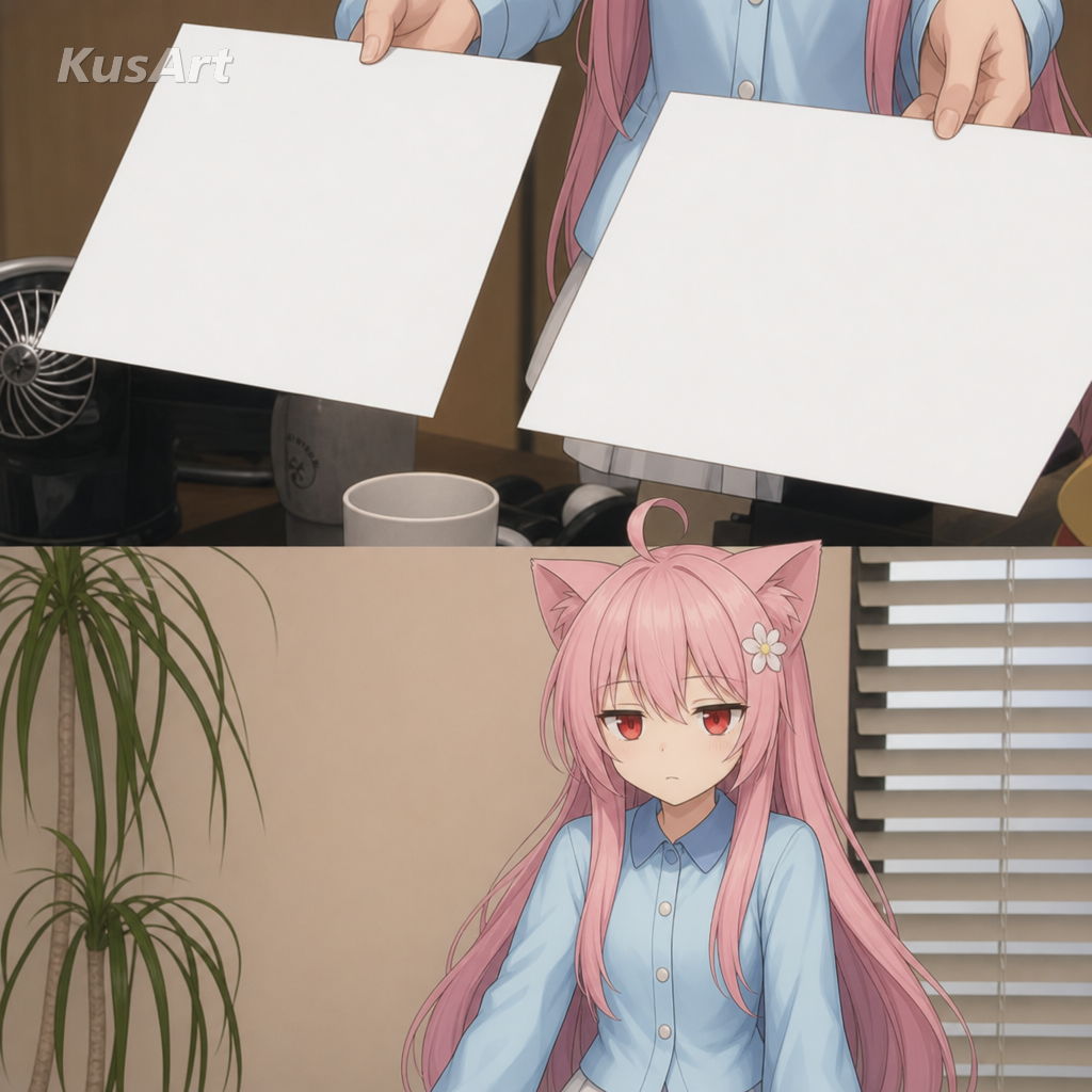 Mème « c'est la même image » recréé avec une fille-chat d'anime brandissant deux photos d'un air impassible