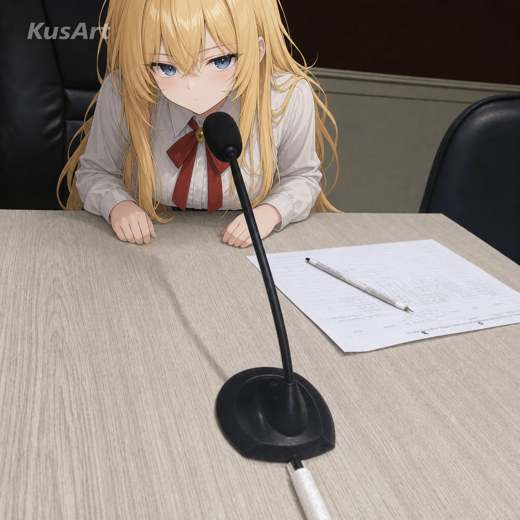 無表情の自信でマイクに身を寄せるアニメ少女で作り直した would ミーム