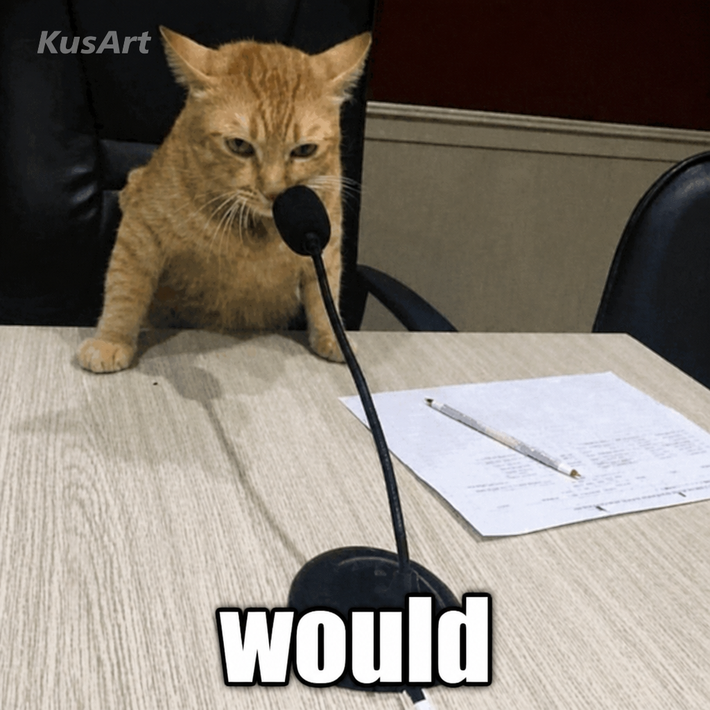 マイクの前の無表情な猫の下に象徴的な一語 would をキャプションした would ミーム